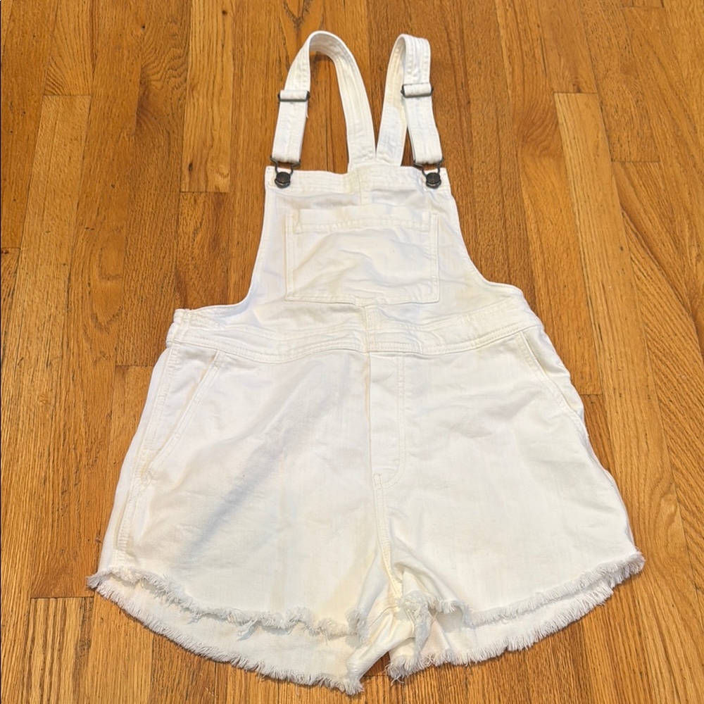 Aerie White Denim Overalls with Frayed Hem Women’s Small